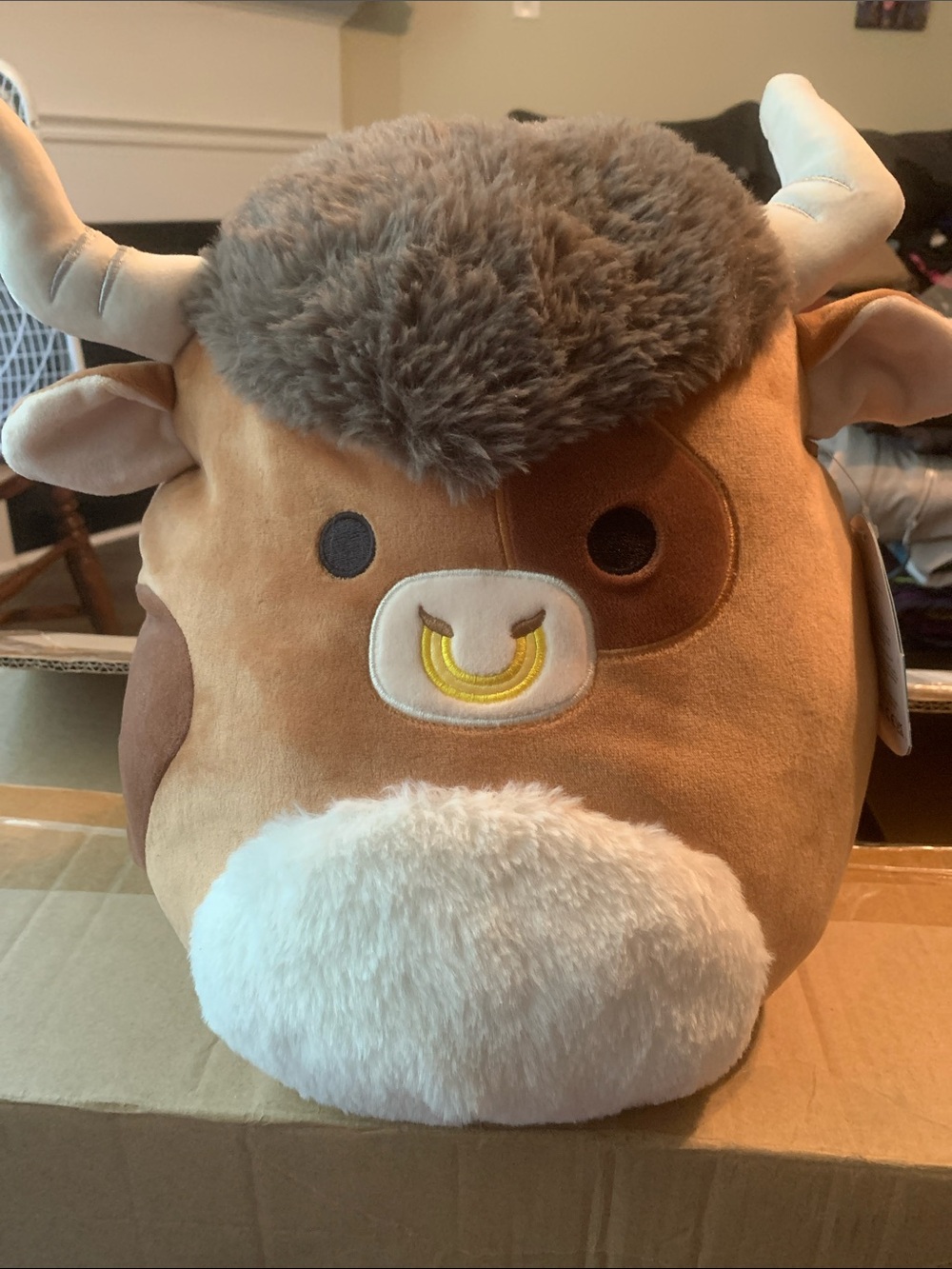 Squishmallows- 11 in. Brown Tan White Shep the Bull Plush with Gold Nose Ring